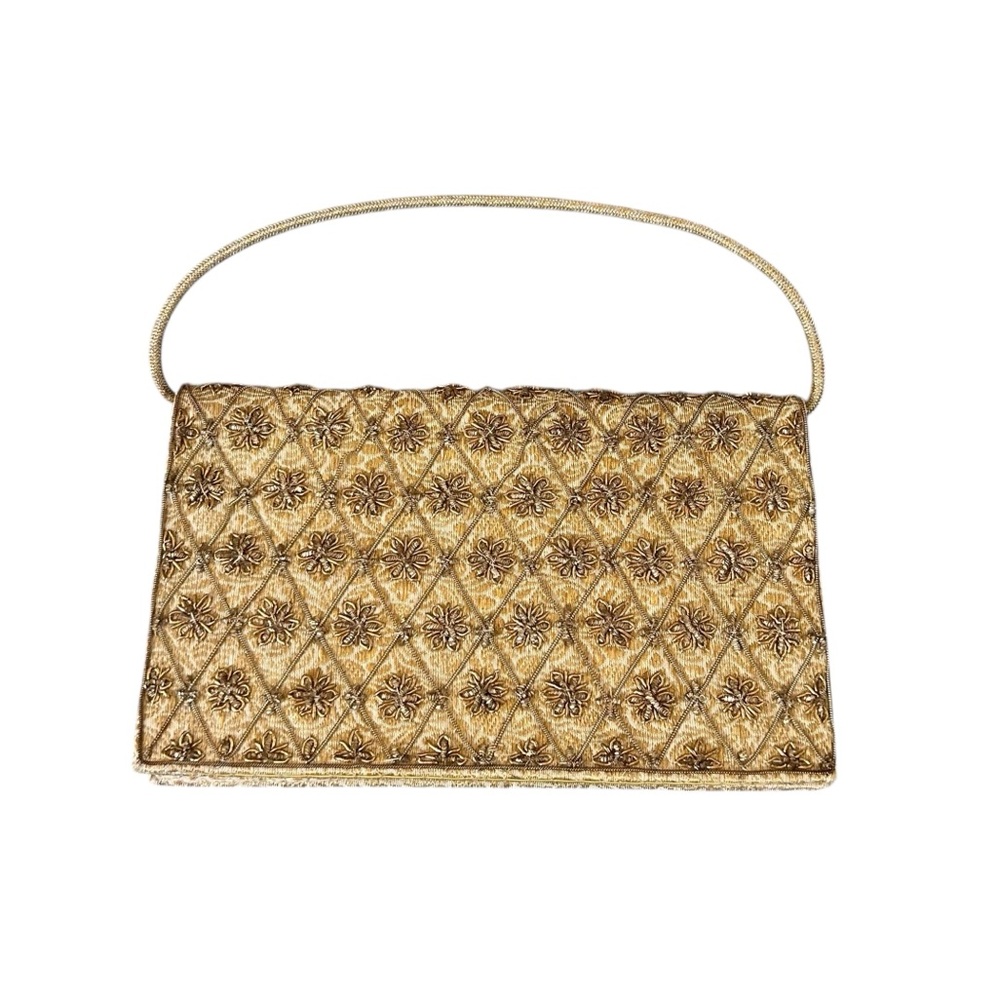 VTG 50s 60s Gold Metallic Zardozi Embroidery Clutch Handbag Retro Pin-Up Glamour
